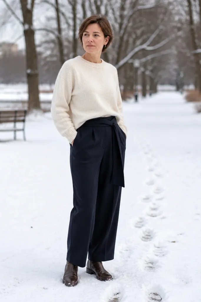 Ivory sweater with navy wrap trousers and brown boots