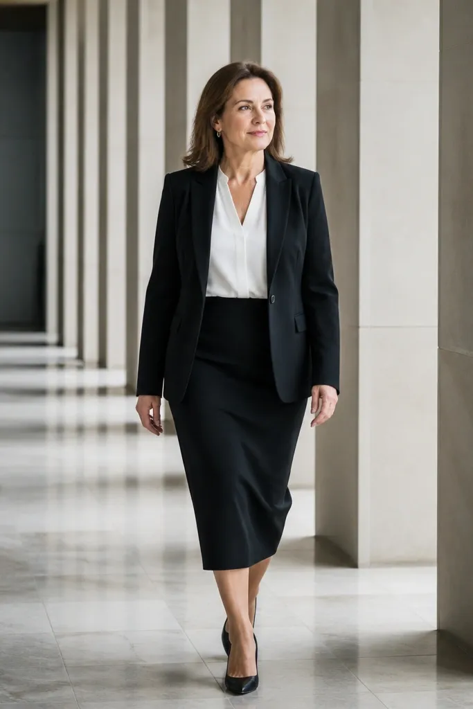 Black blazer with a white blouse and a monochrome black midi skirt