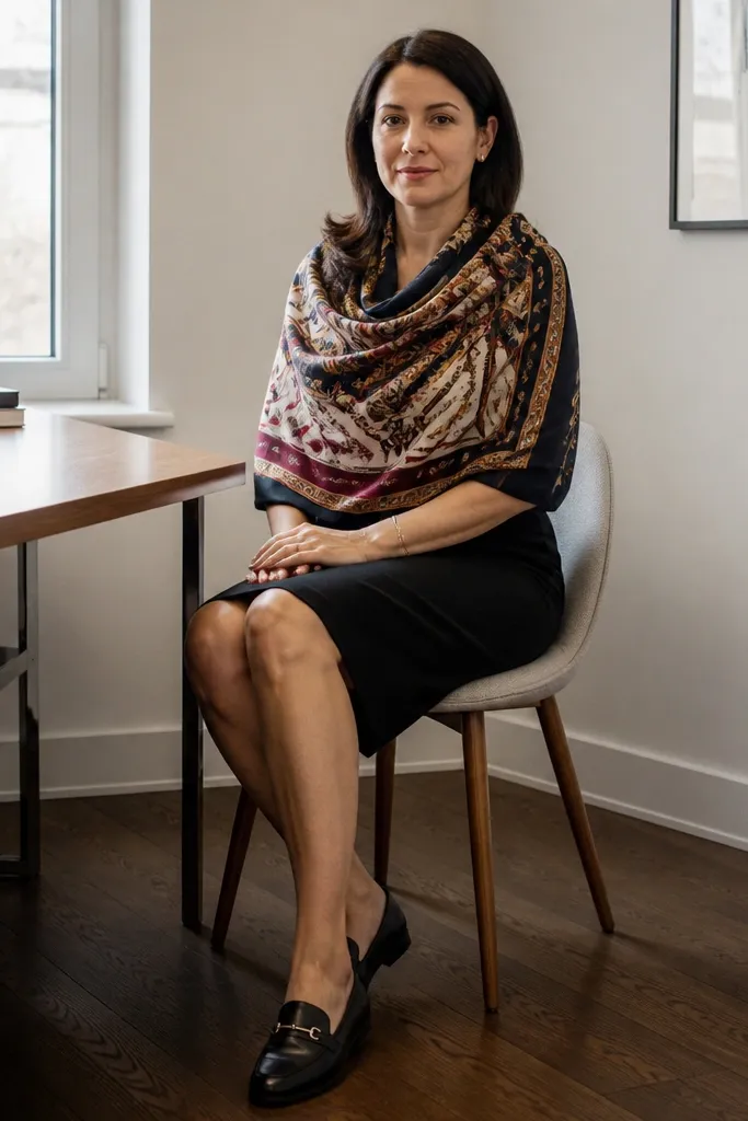 Solid pencil skirt with a scarf draped over a top and black loafers