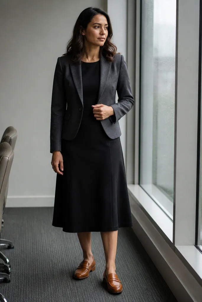 Charcoal blazer over black ponte midi dress with cognac loafers and a slim belt