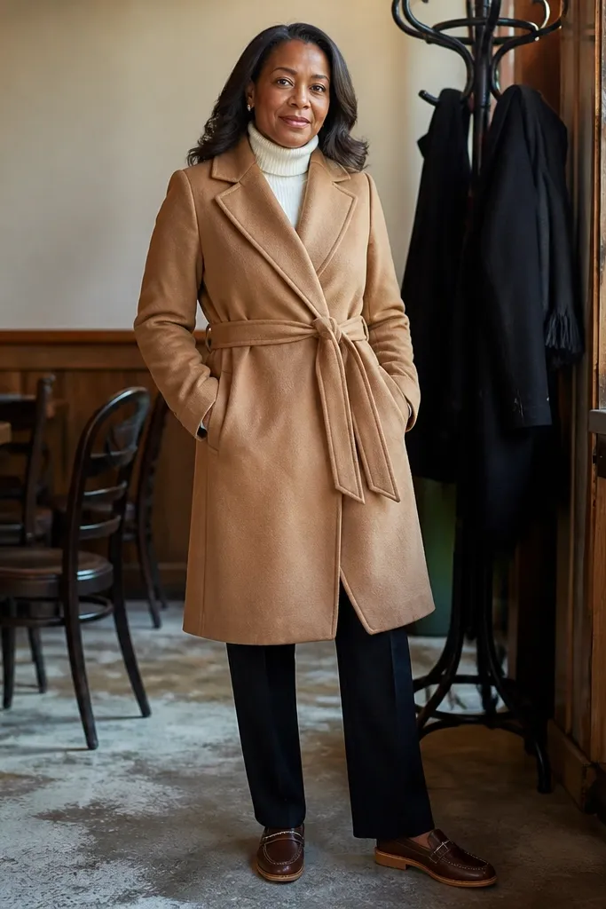 Cream turtleneck tucked into dark straight-leg trousers with a camel wrap coat and tan boots