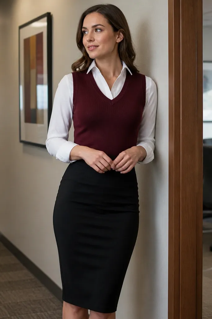 Burgundy sweater vest over a white button-down with a black pencil skirt and black ankle boots