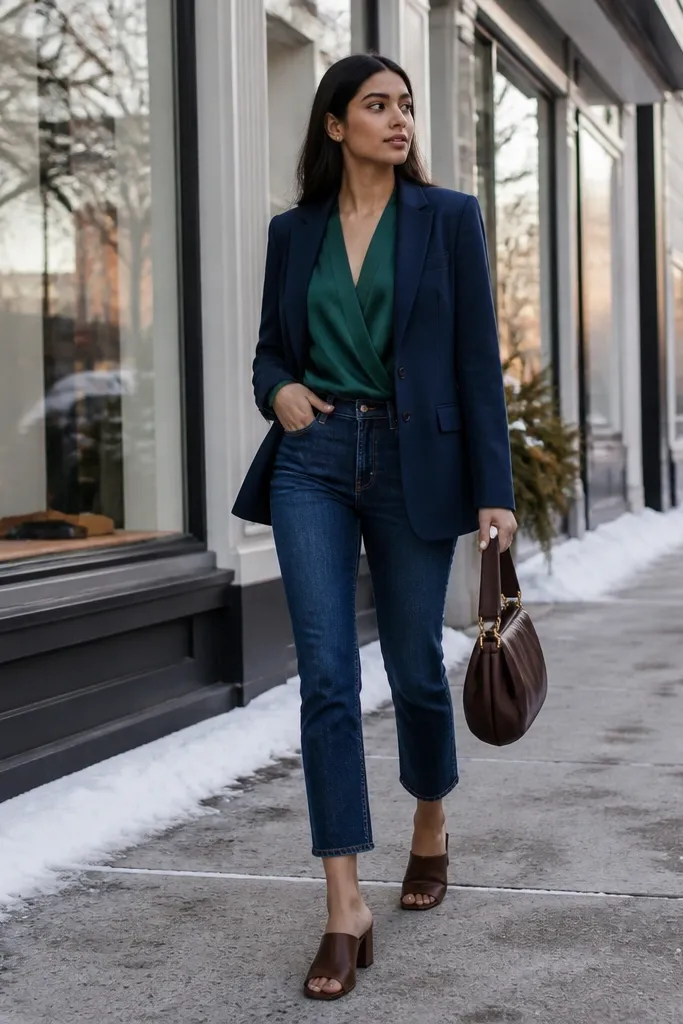 Forest green wrap blouse with a dark denim blazer and heeled mules