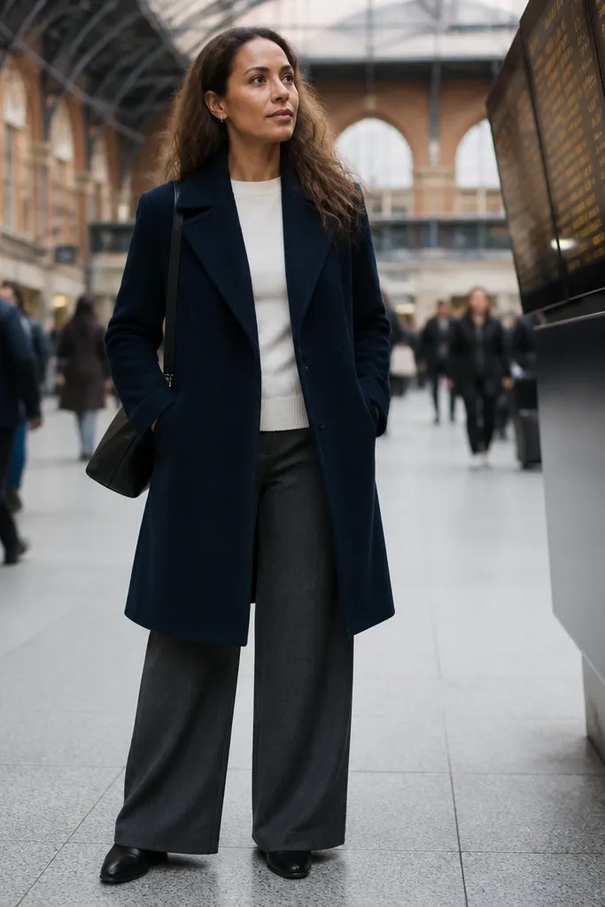 Ivory sweater with charcoal wide-leg trousers under a navy wool coat and dark pumps