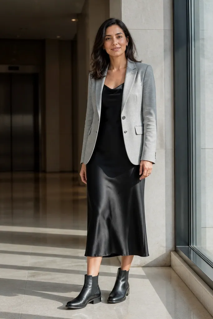 Light gray blazer over a black satin midi slip with black boots and a silver necklace