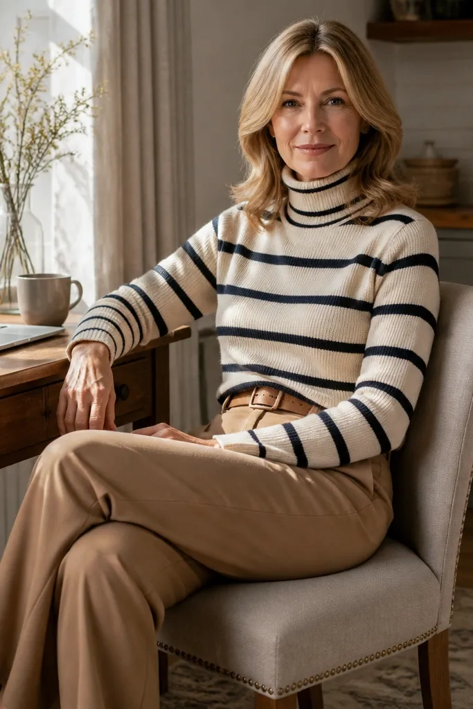 Cream-and-navy striped knit turtleneck with camel trousers and a matching belt