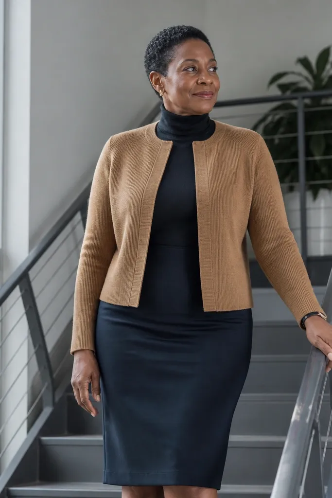 Black turtleneck under a camel cardigan with a dark pencil skirt and loafers