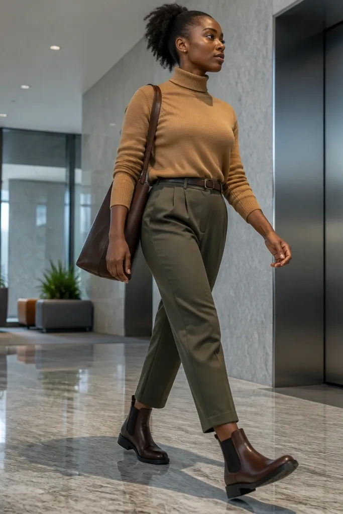 Camel turtleneck with olive trousers and brown Chelsea boots