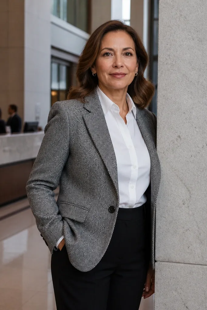 Gray herringbone blazer over a white button-down with black trousers and black loafers