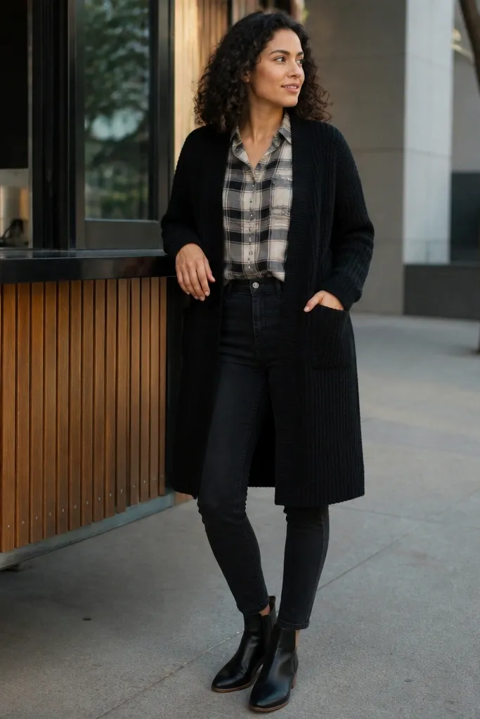 Black long cardigan over a plaid shirt with dark skinny jeans and ankle boots