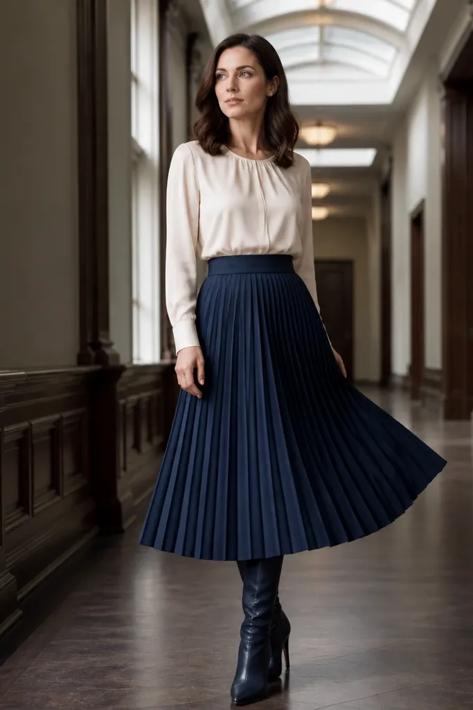 Ivory blouse tucked into navy pleated midi skirt with knee boots