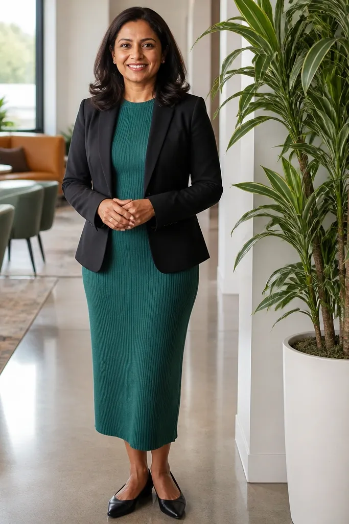 Teal knit dress with a black blazer and pointed-toe flats