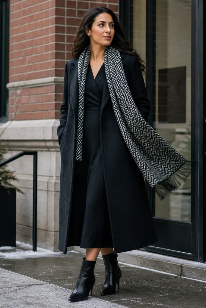 Black wrap dress under a long wool coat with a bold patterned scarf and black boots