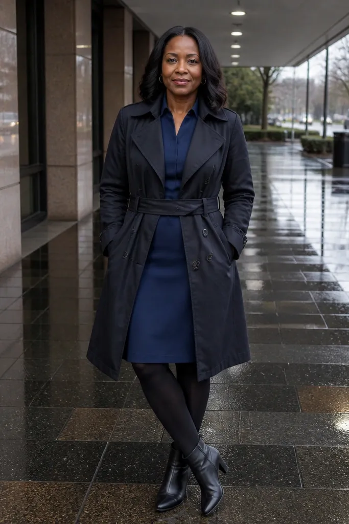 Navy shirt dress with black tights and a belted trench coat and ankle boots