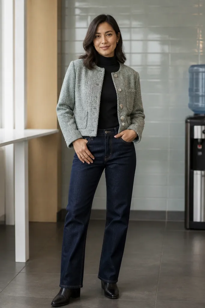Gray boucle jacket over a black turtleneck with straight jeans and black ankle boots