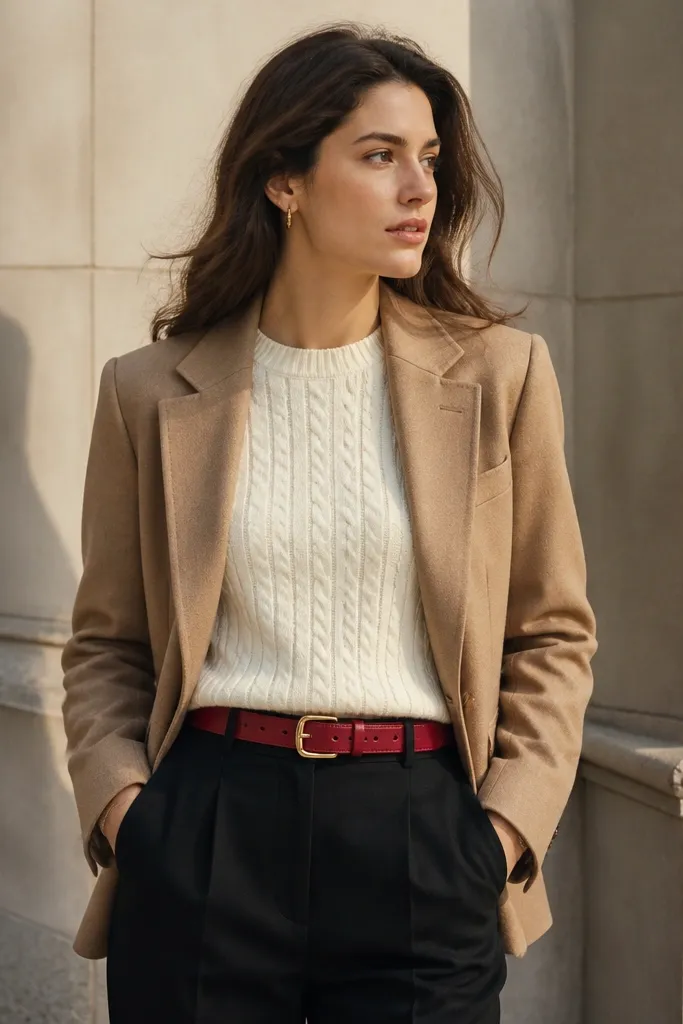 Camel blazer over ivory cable sweater with black pants and a red belt