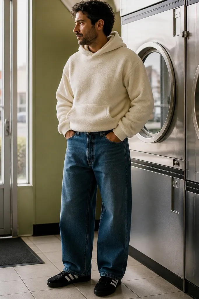 Washed indigo wide-leg jeans with a cream hoodie and black sneakers