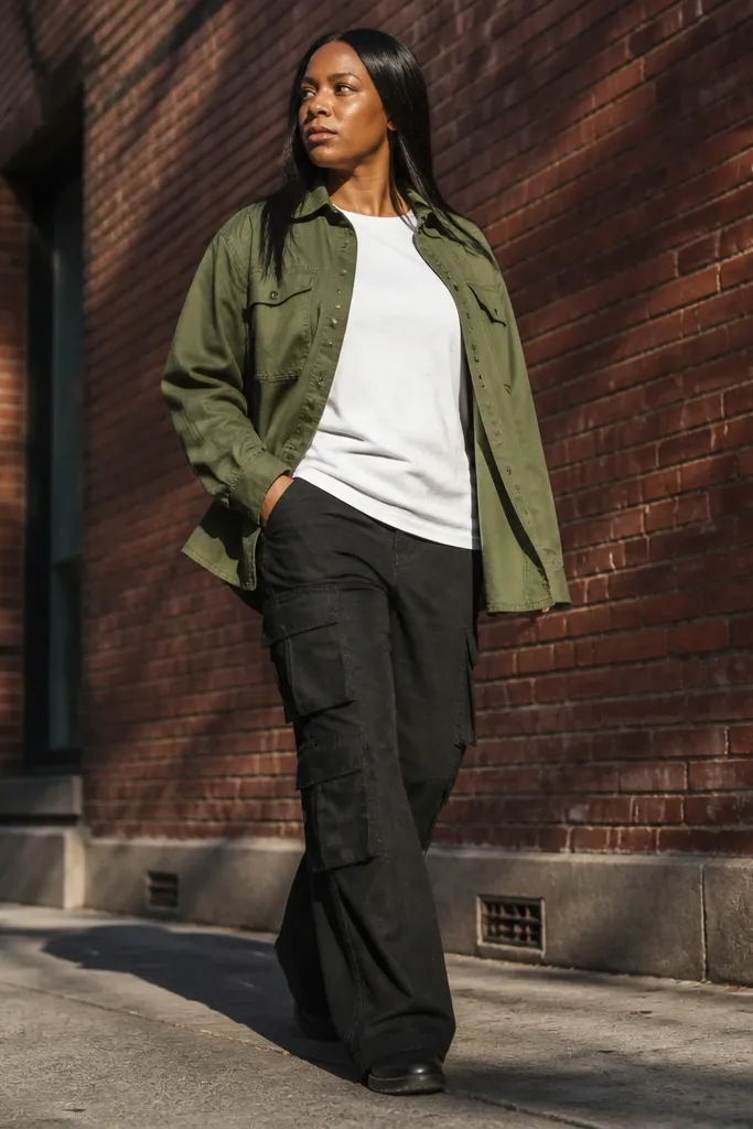 Black cargo trousers with an oversized white tee and an olive overshirt