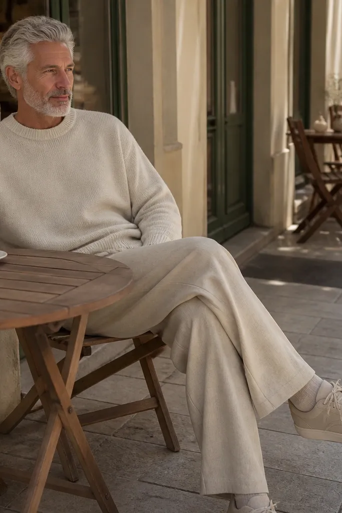Oatmeal drop-shoulder sweater with roomy pleated pants in matching tones