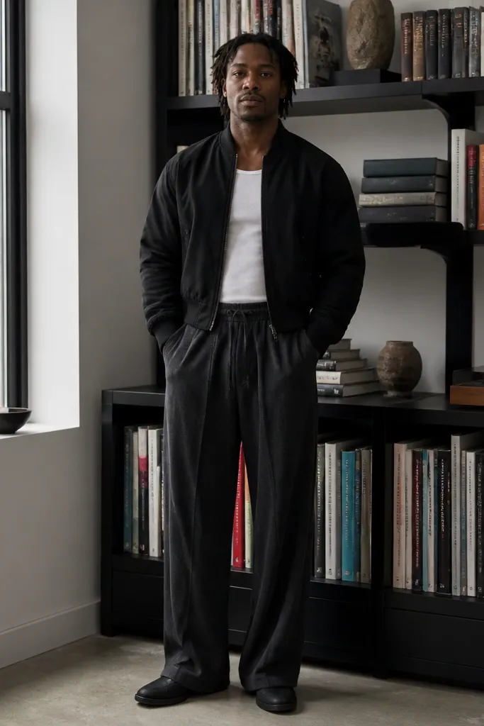 Charcoal wide sweatpants with a cropped bomber and a white tank