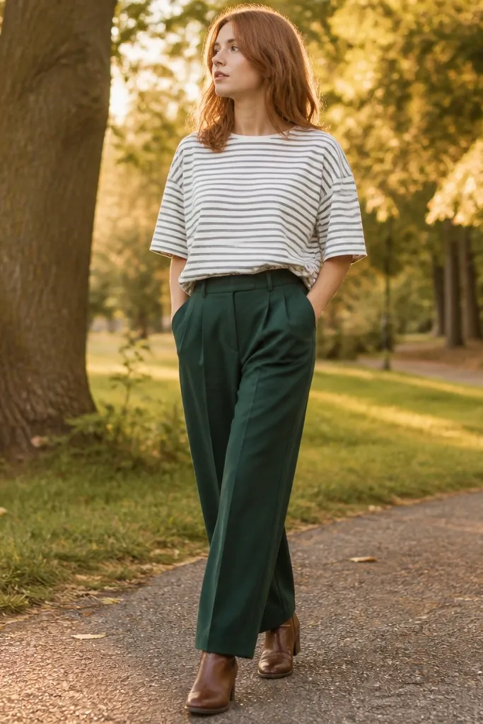Forest green pleated trousers with a baggy striped tee and brown boots