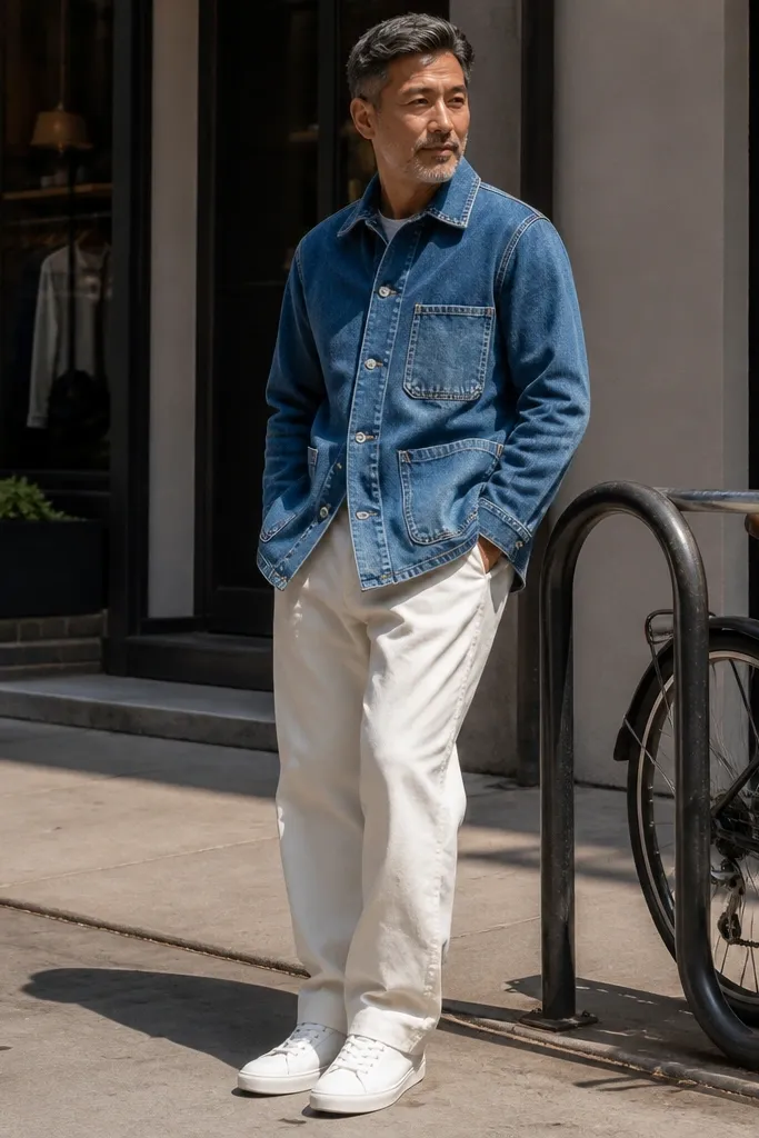 Blue denim chore jacket over off-white baggy jeans with white sneakers
