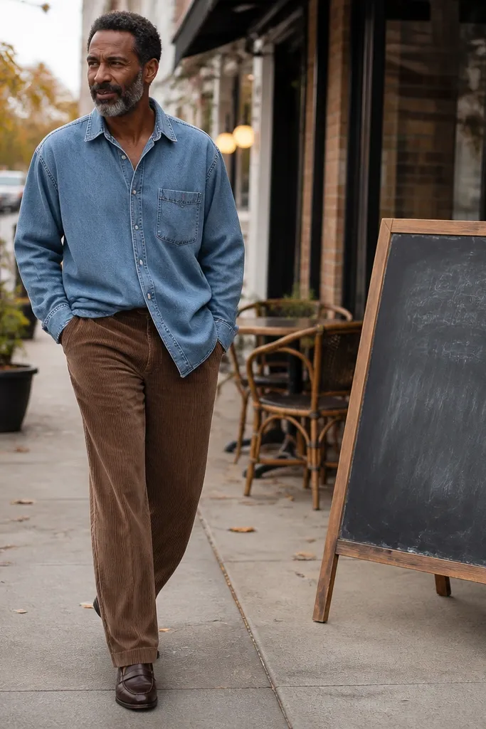 Brown corduroy wide-leg pants with an oversized denim shirt and loafers