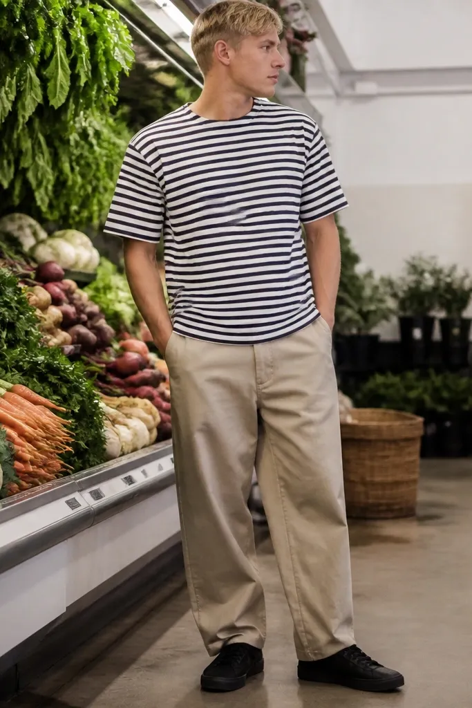 Black-and-white striped tee with baggy khaki trousers and black sneakers