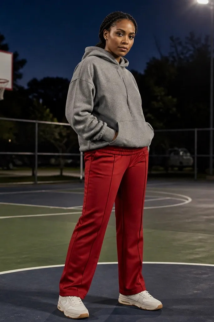Red track pants with an oversized grey hoodie and white retro runners