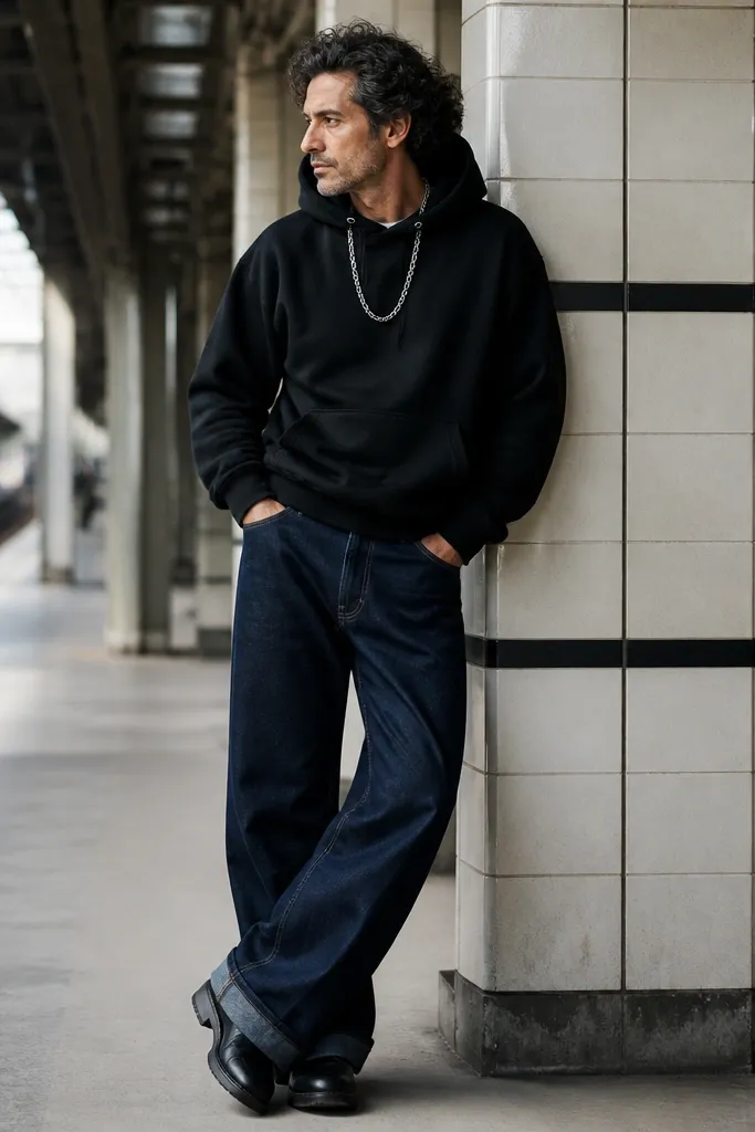 Navy wide-leg jeans with a black hoodie and silver chain
