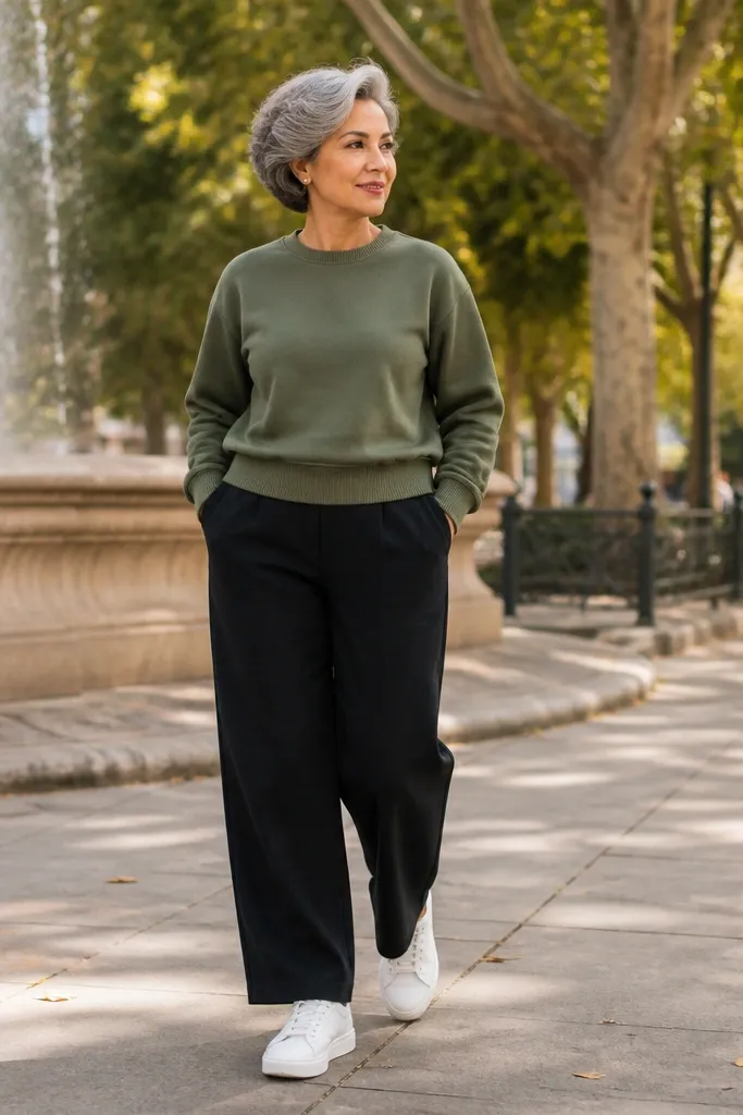 Olive sweatshirt with black barrel-leg pants and white sneakers