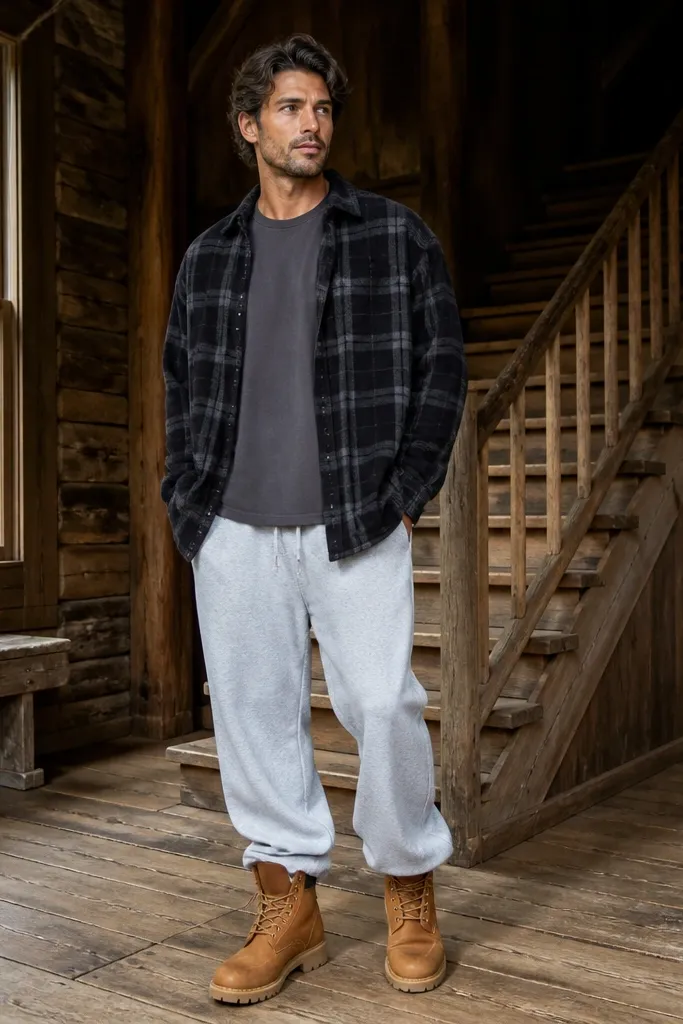 Light grey sweatpants with an oversized black flannel and tan boots
