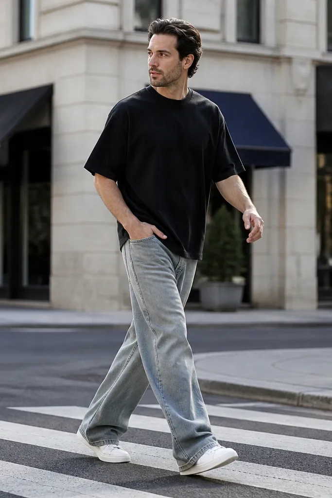 Black oversized tee with stone-wash wide-leg trousers and white sneakers