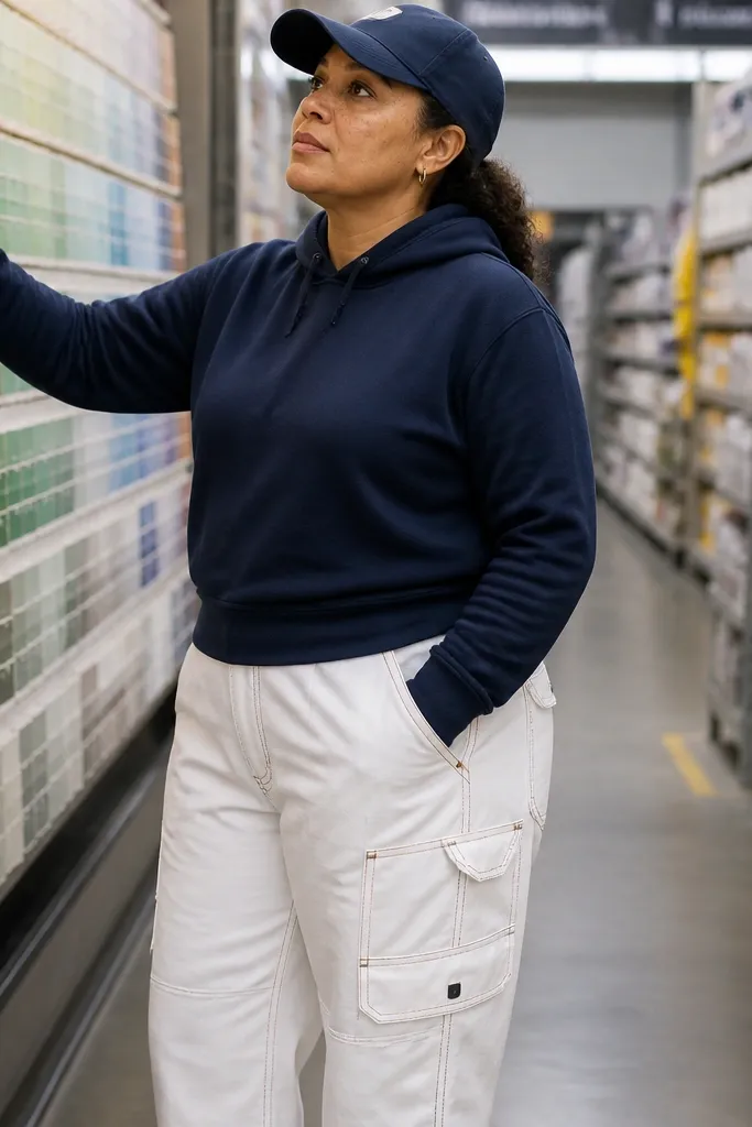 White painter pants with a navy hoodie and navy cap