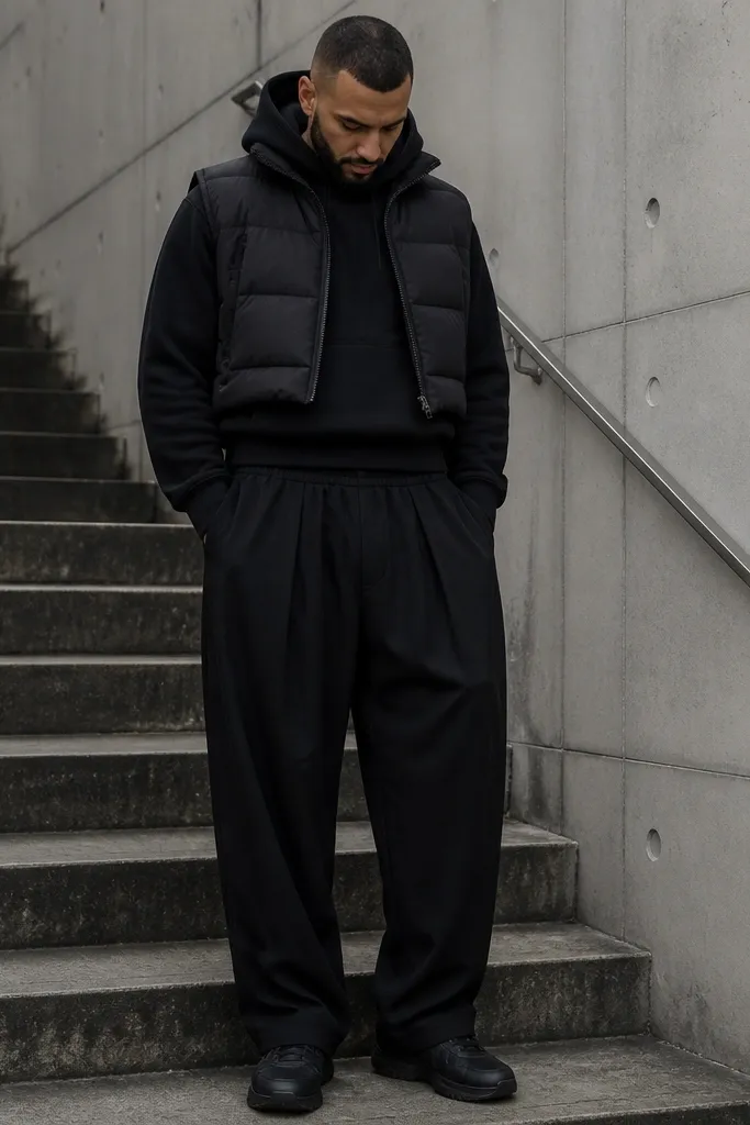 Black pleated track pants with a cropped puffer vest and a hoodie
