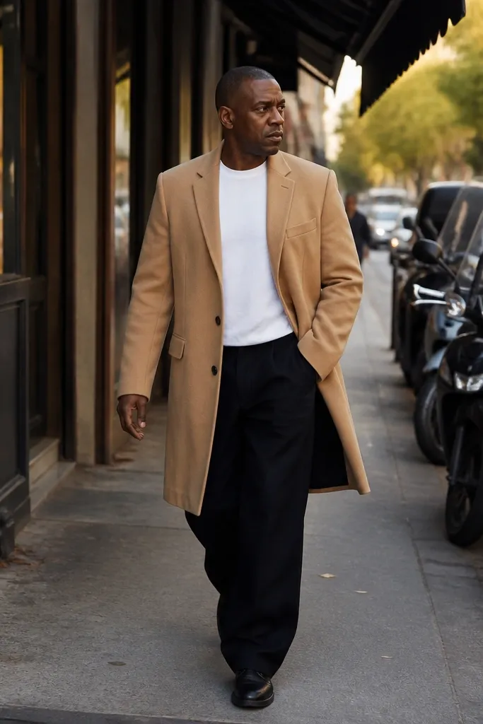 Camel overcoat over baggy black jeans with a white tee