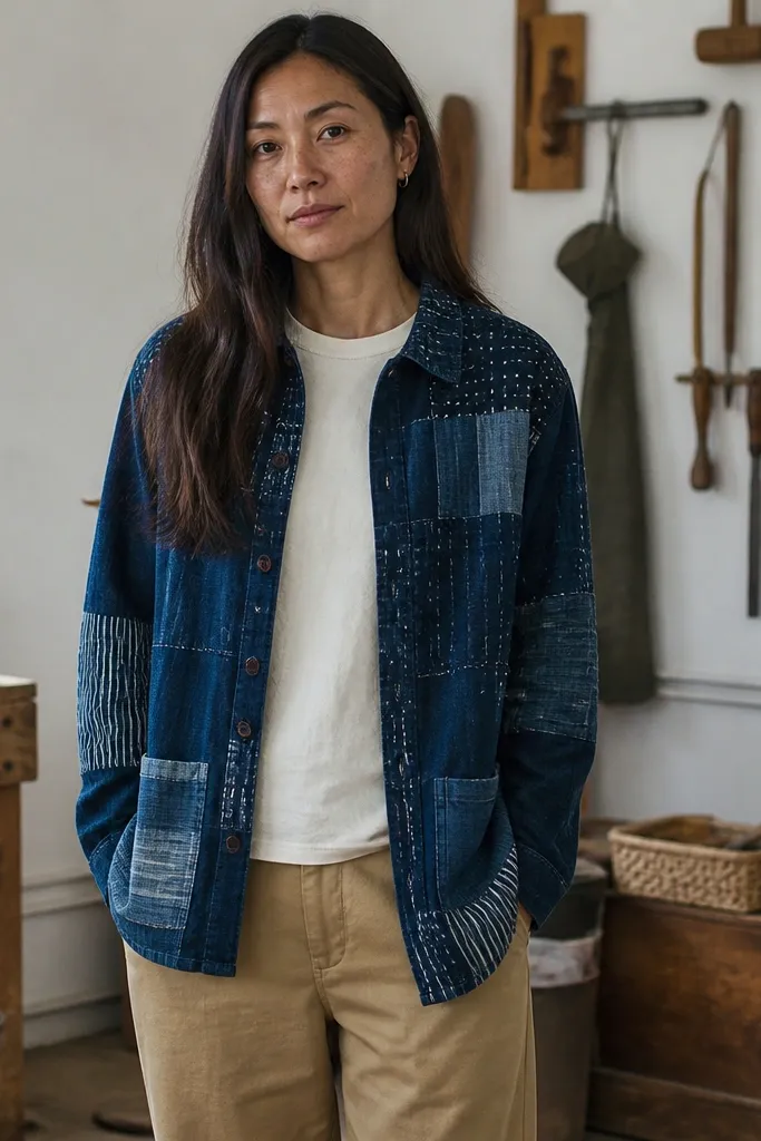 Indigo patchwork overshirt over baggy khaki pants with simple sneakers