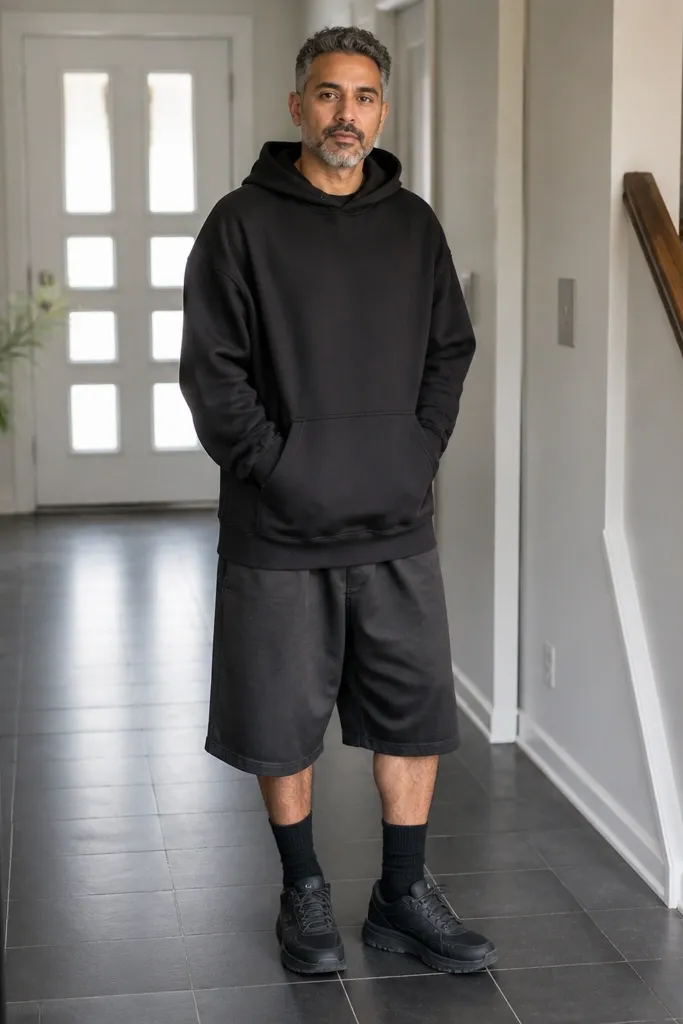 Black hoodie worn long with baggy shorts and matching socks