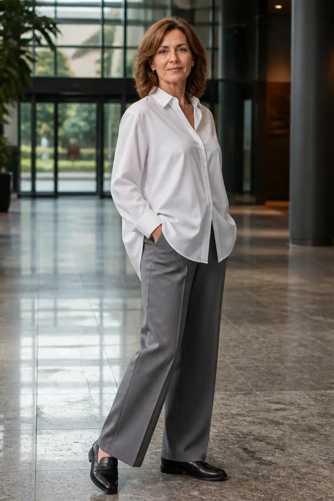 Grey wide-leg trousers with an oversized white shirt and black loafers