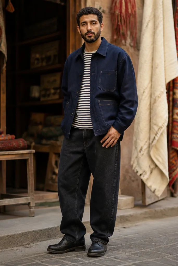 Navy workwear jacket over striped tee and black baggy jeans