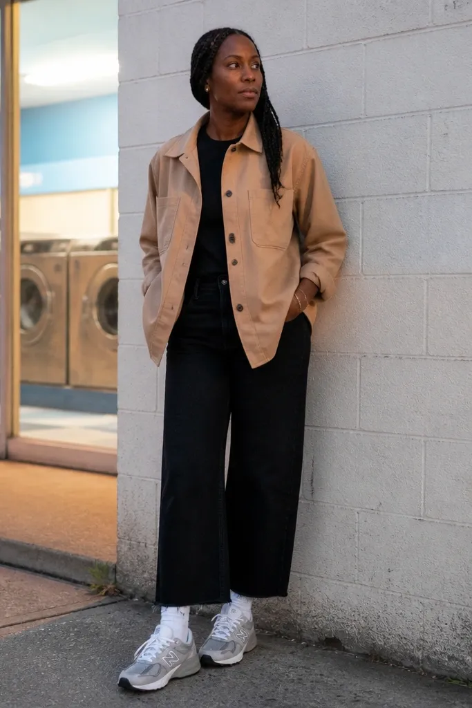 Tan overshirt with black wide-leg jeans and white crew socks