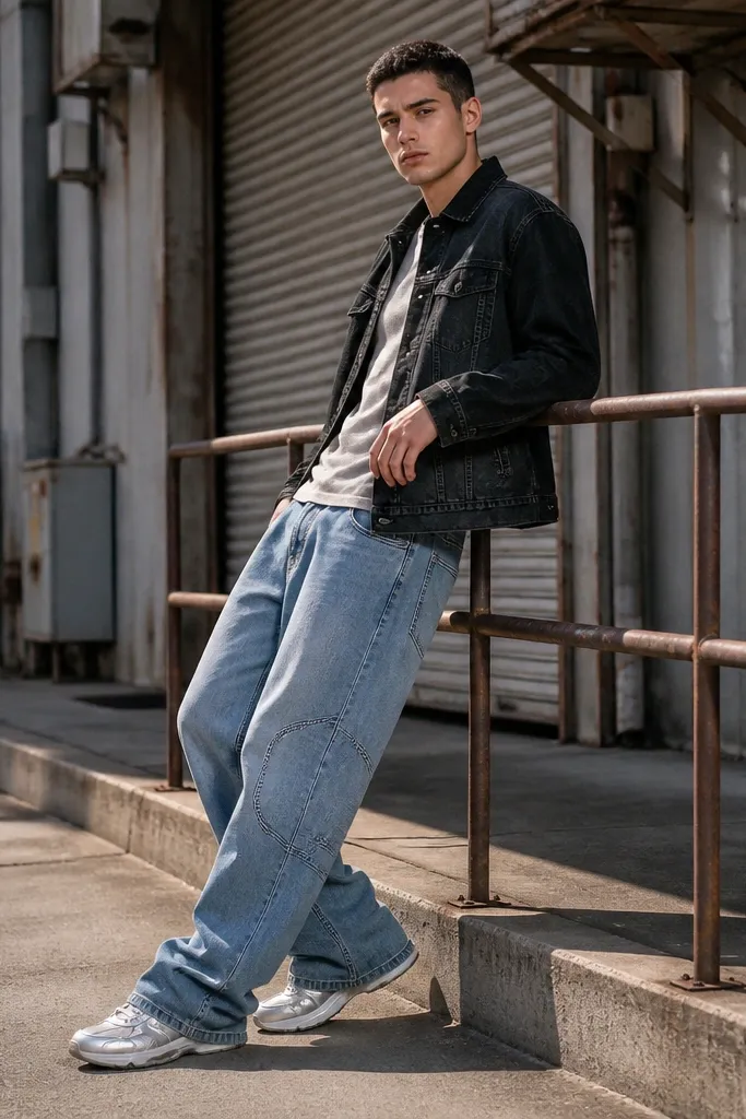 Black denim jacket with light blue baggy jeans and silver-toned sneakers
