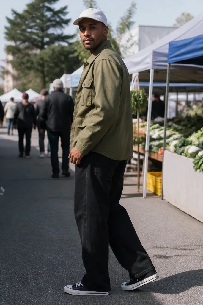 Olive cargo jacket with black baggy jeans and a white cap