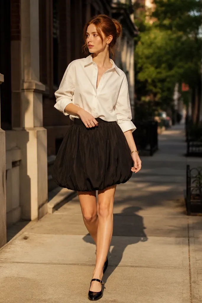 White button-up half-tucked into black bubble skirt with black Mary Janes