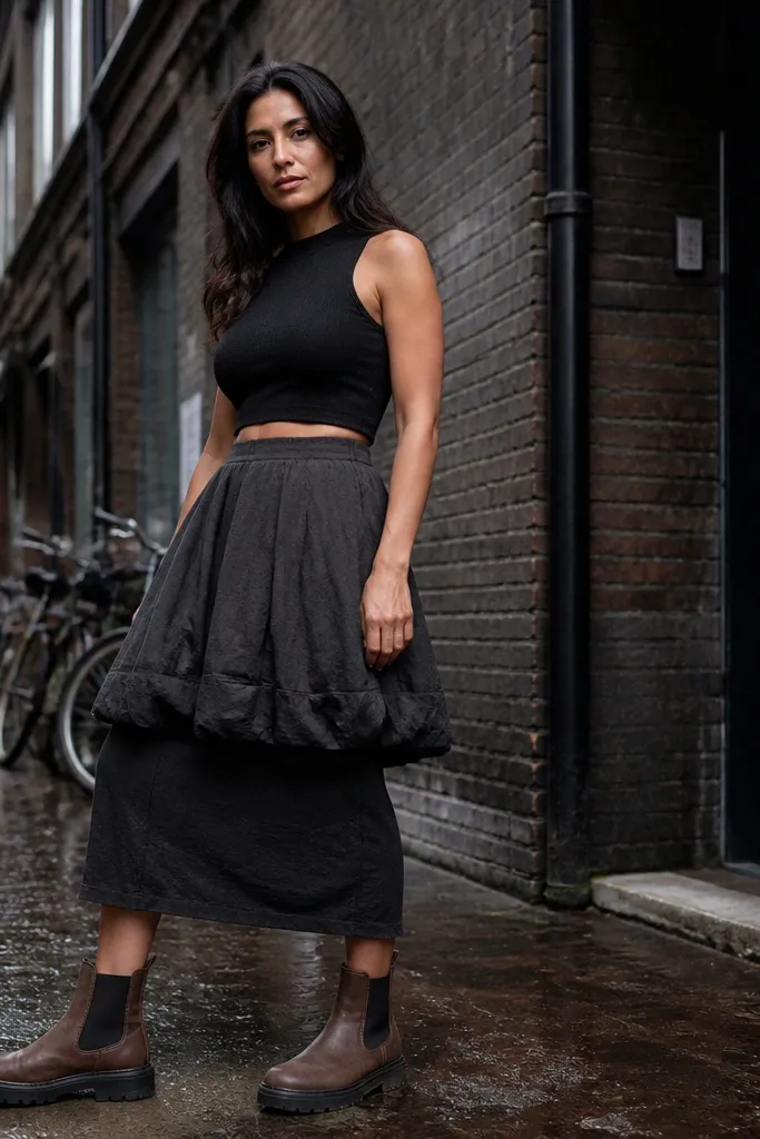 Black crop tank with black bubble skirt and brown Chelsea boots