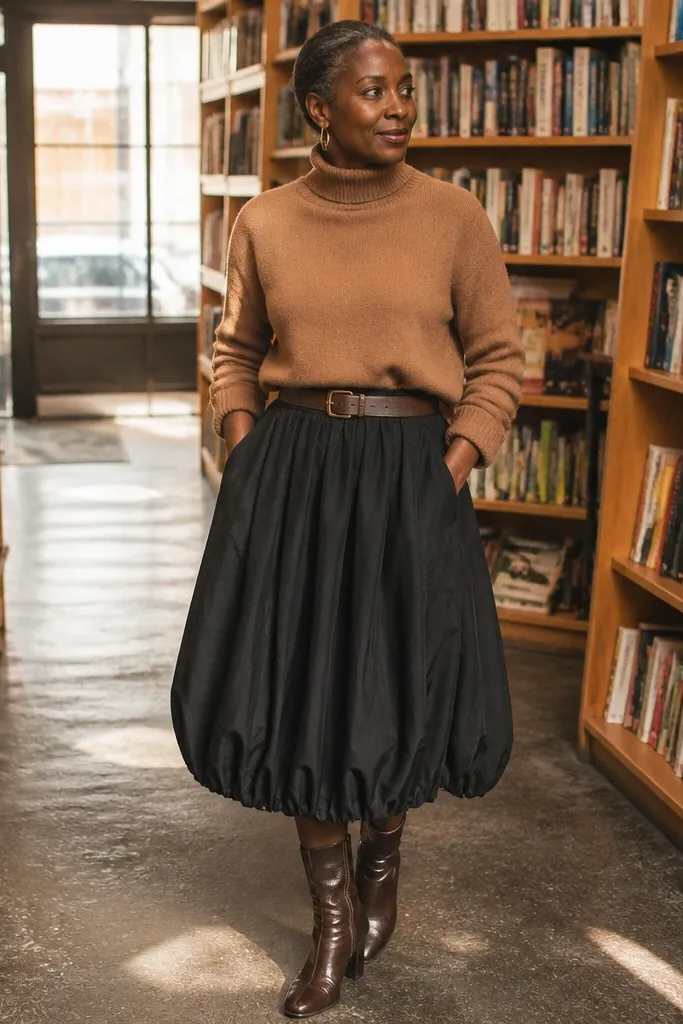 Camel turtleneck sweater with black bubble skirt and dark brown belt