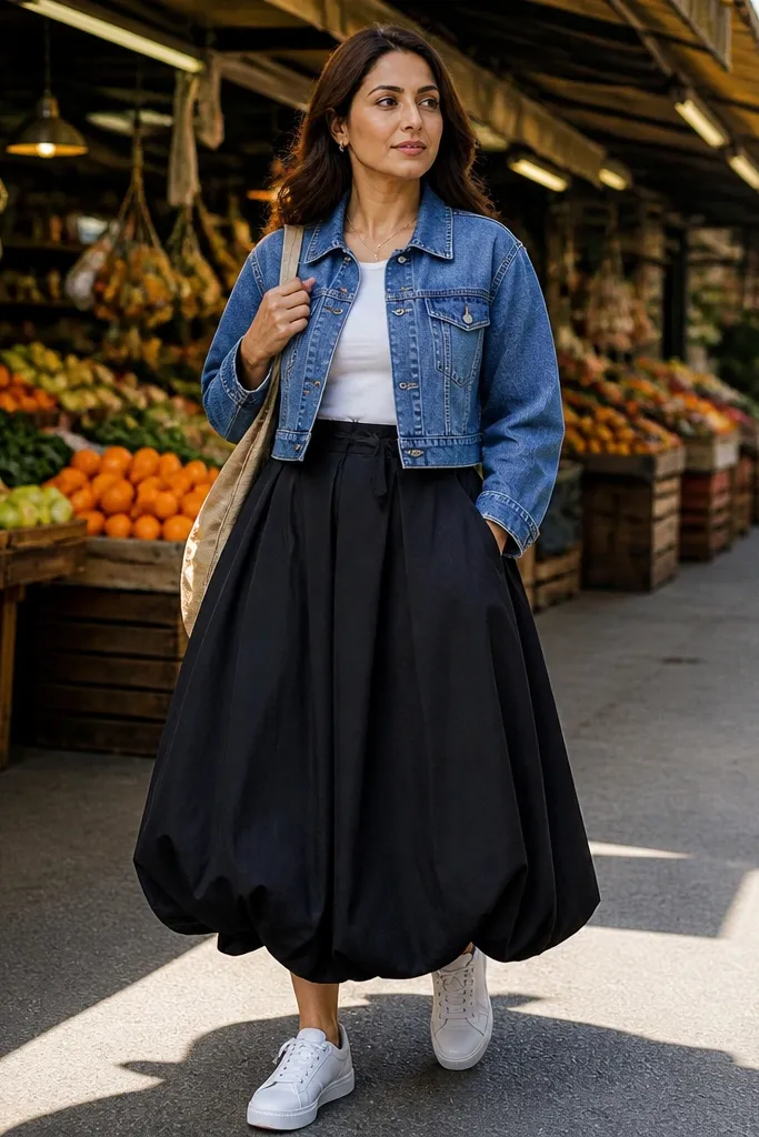 Light denim cropped jacket with black bubble skirt and white sneakers