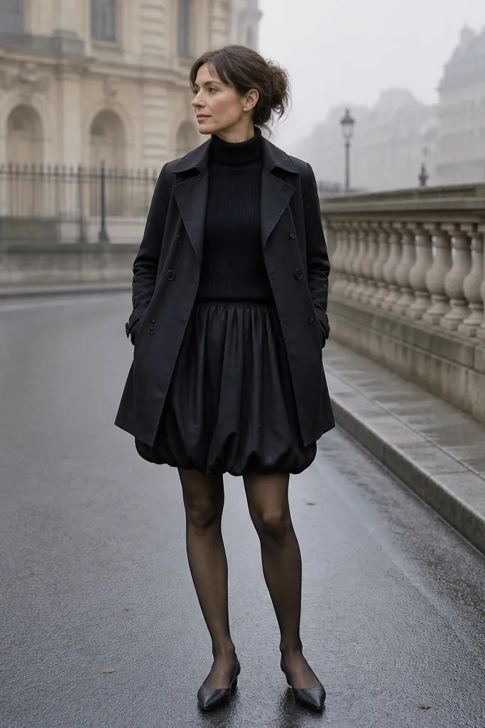 Black turtleneck with black bubble skirt, short trench coat, and pointed flats