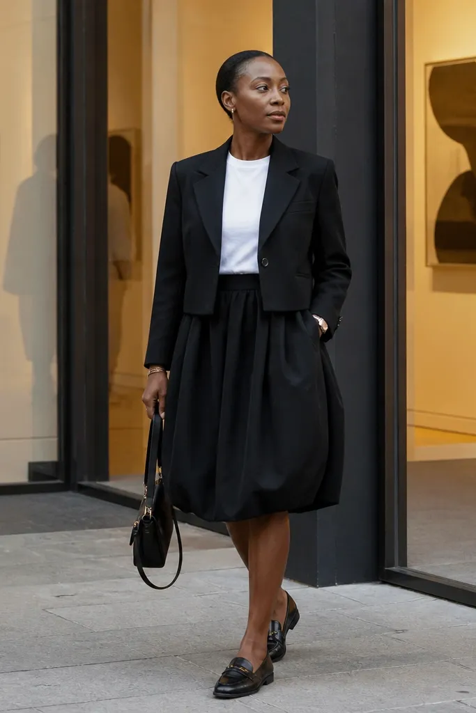 Black cropped blazer over white tee with black bubble skirt