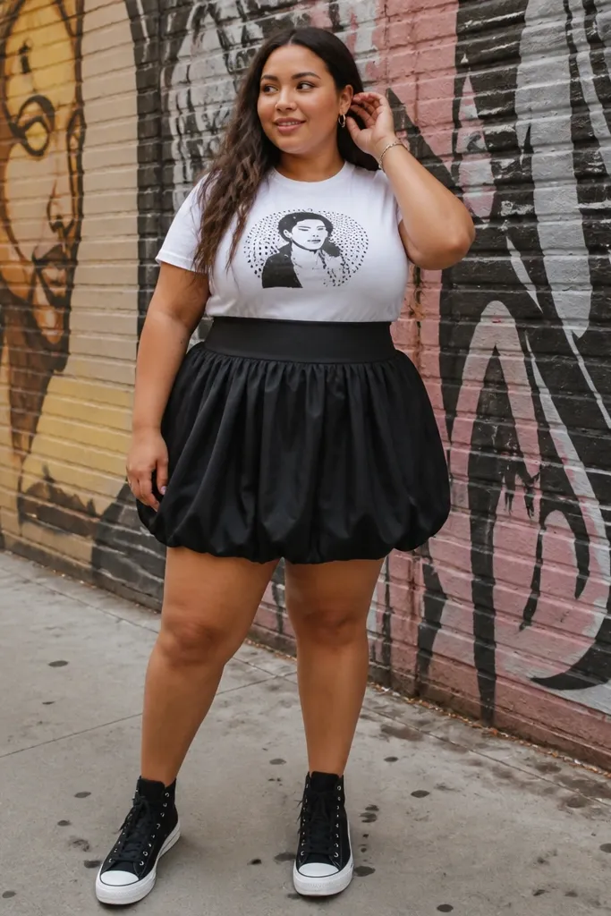 White graphic tee with black bubble skirt and black high-top sneakers